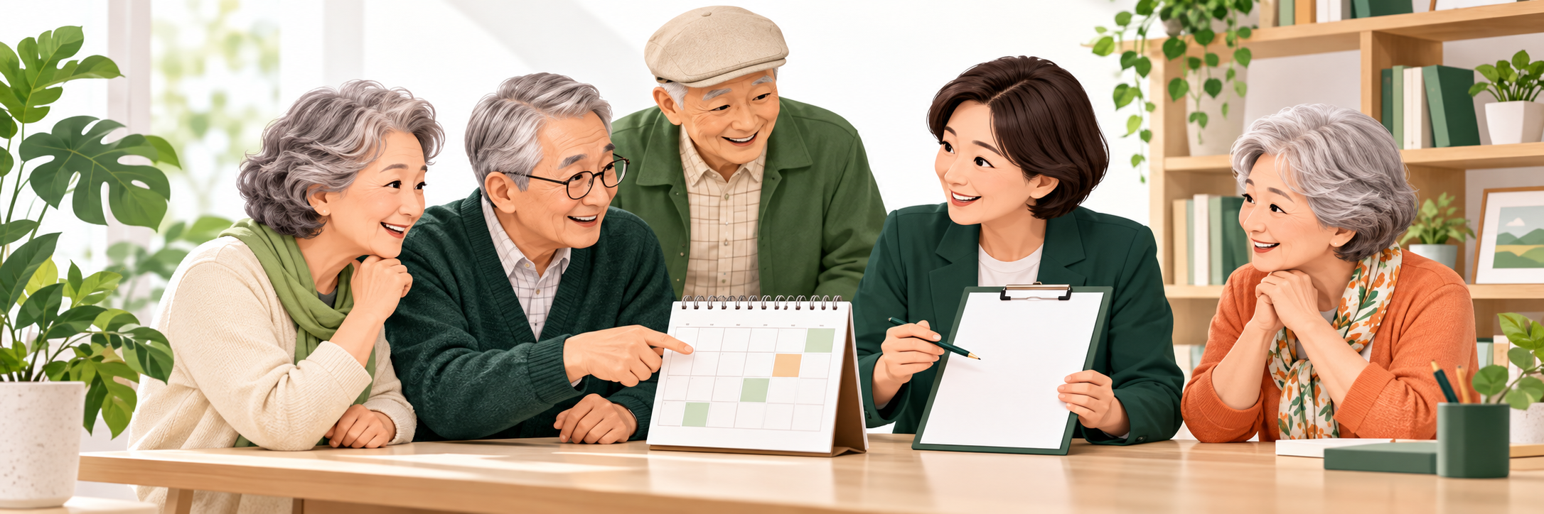 노인일자리 신청 정보를 함께 살펴보는 시니어들의 안내 일러스트